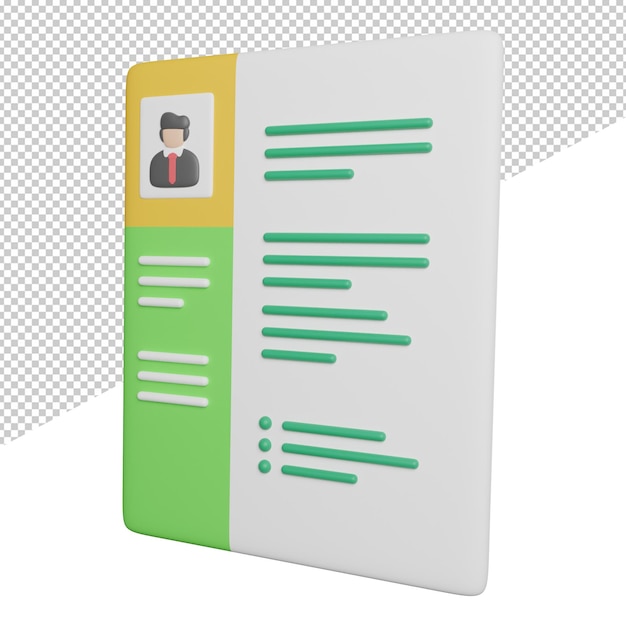 Curiculum Vitae CV Job Seitenansicht 3D-Rendering Icon Illustration auf transparentem Hintergrund