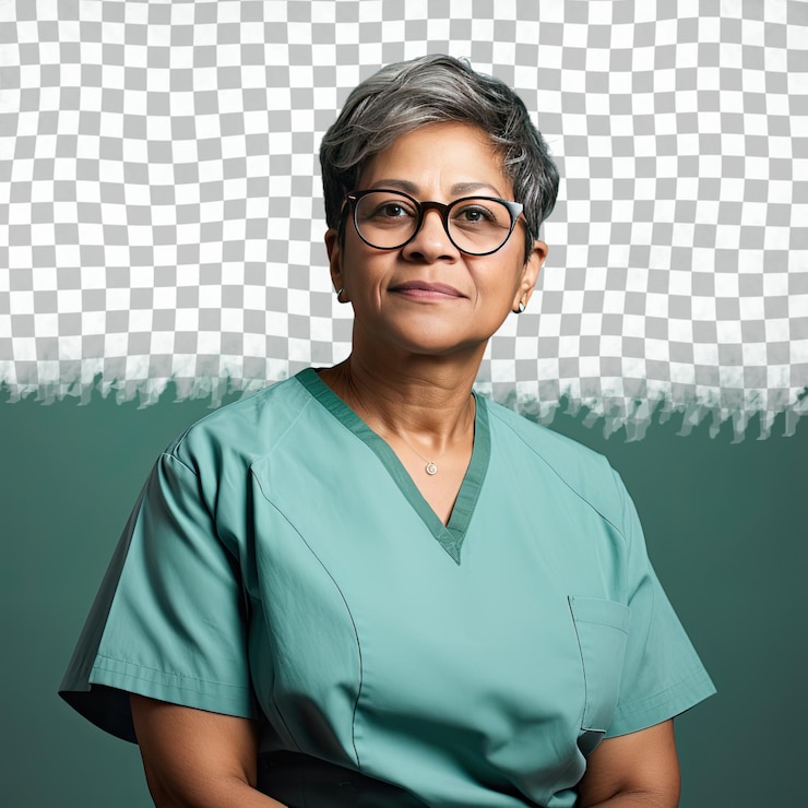 PSD curiosa anestesista indígena mujer aborigen de mediana edad con el cabello corto inclinado hacia adelante posando contra un fondo pastel