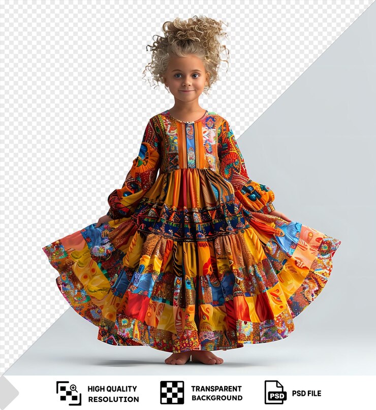PSD curiosa chica aborigen en traje de productor con vestido fluido pies descalzos y ojos azules