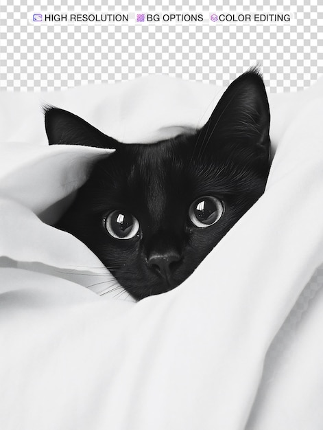 Curioso gatto nero che sbircia da sotto le coperte