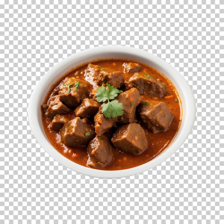 PSD curry de carne de cordero con agua para la boca en un cuenco en una sartén de plástico aislada sobre un fondo transparente