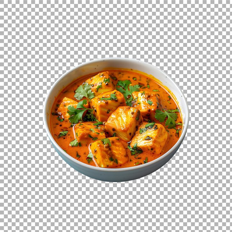Curry di pesce in una ciotola isolata su uno sfondo trasparente