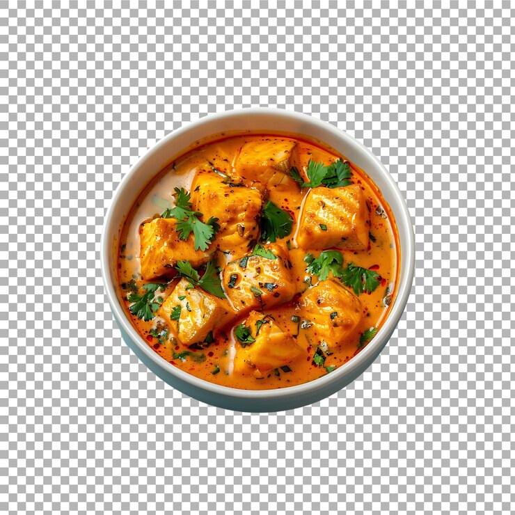 PSD curry di pesce in una ciotola isolata su uno sfondo trasparente