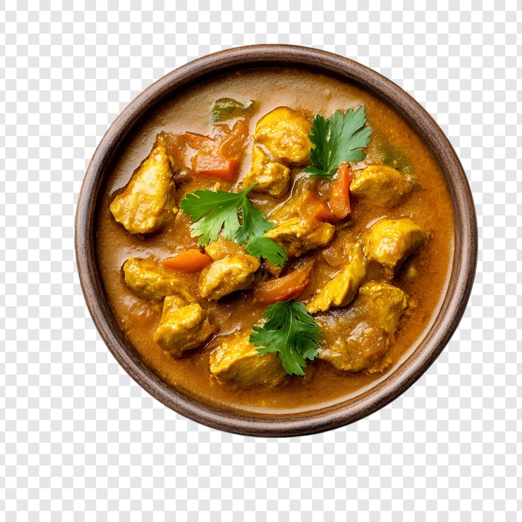 PSD curry indiano piccante in ciotola bianca con guarnizione