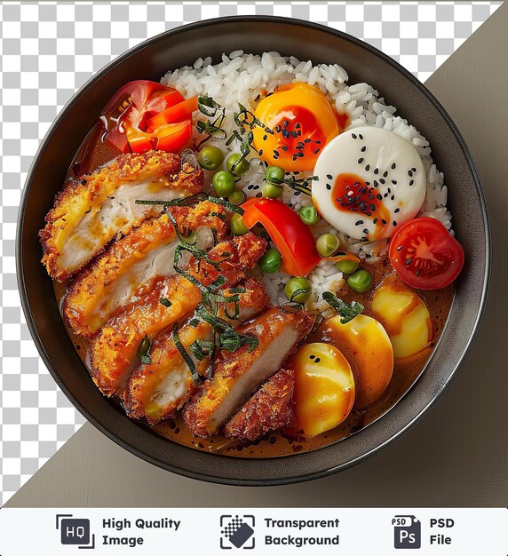 Curry katsu transparente com tomate de arroz de frango e ervilhas verdes servido em um prato branco com um garfo de prata