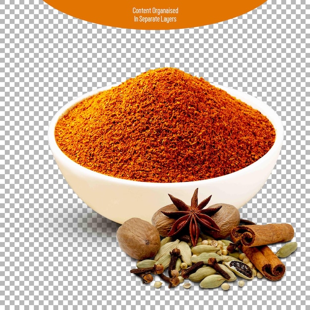 Curry Masala en poudre avec mélange d'épices isolé sur fond transparent