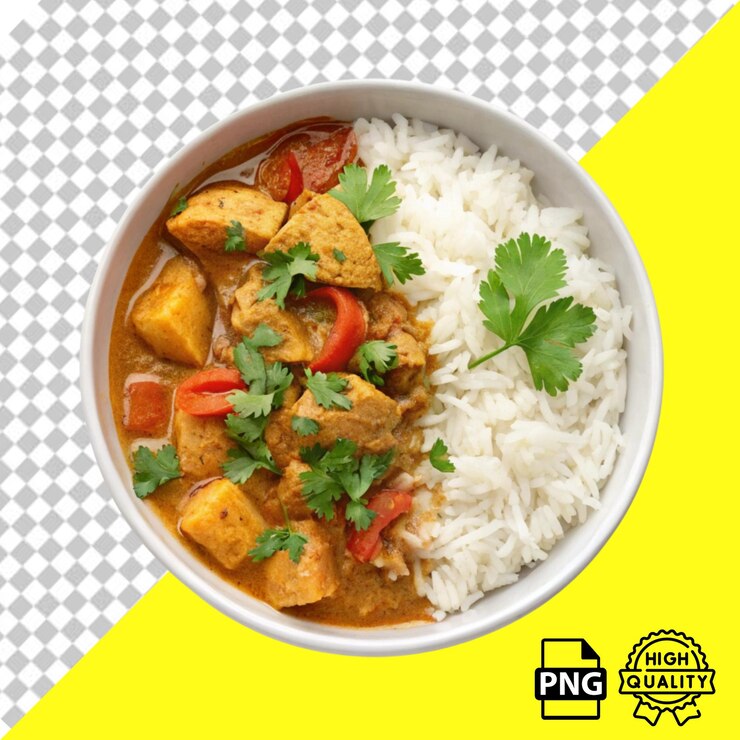 PSD curry de pollo con arroz de fondo transparente