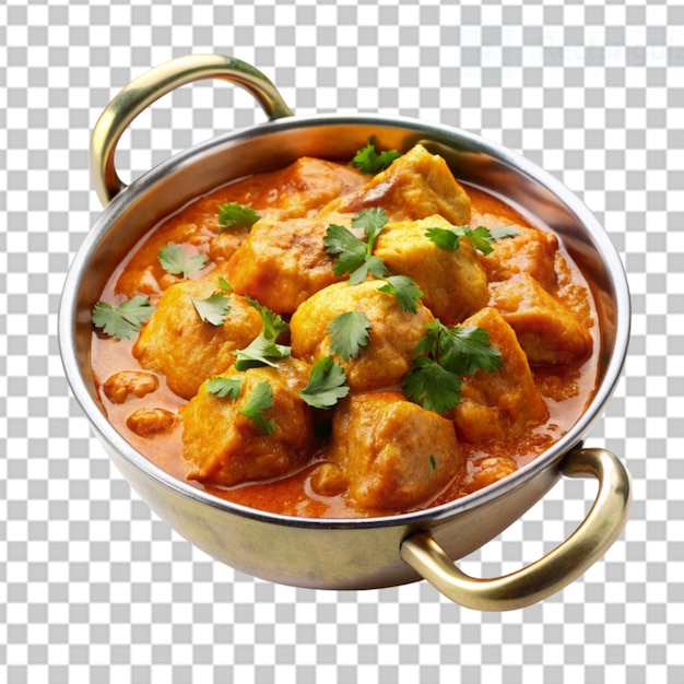 curry de pollo con mantequilla en un plato de balti sobre un fondo transparente