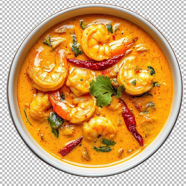 Curry tradicional indiano de camarão picante servido em uma tigela isolada em fundo branco