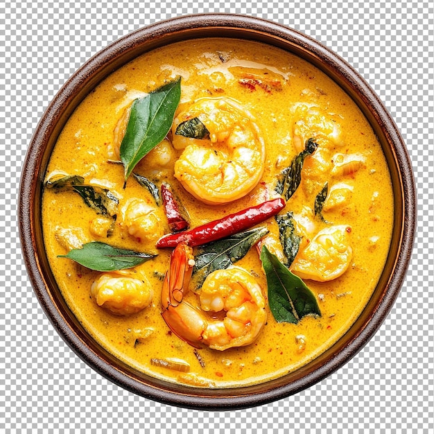 Curry tradicional indiano de camarão picante servido em uma tigela isolada em fundo branco