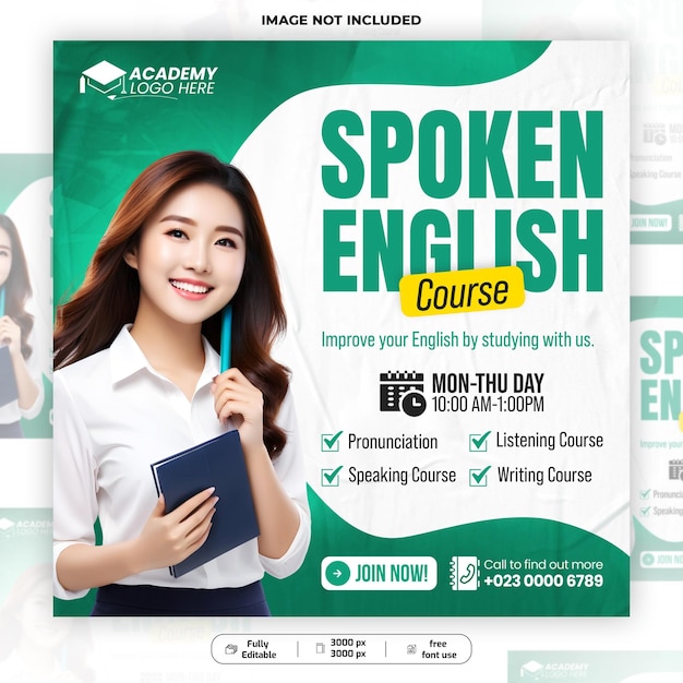 Curso de inglês falado ou aprendizagem de inglês Admissão Promoção Post Banner Template