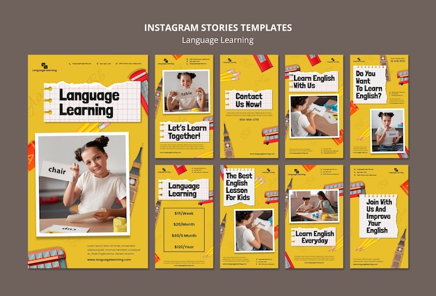 Cursos de aprendizado de inglês coleção de histórias do instagram com elementos em inglês