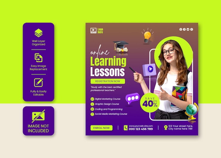 PSD cursos de aprendizado online post do instagram ou modelo de banner de mídia social