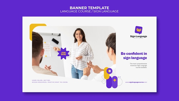 Cursos de idiomas e modelo de banner horizontal de linguagem de sinais com formas abstratas