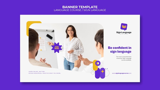 PSD cursos de idiomas e modelo de banner horizontal de linguagem de sinais com formas abstratas