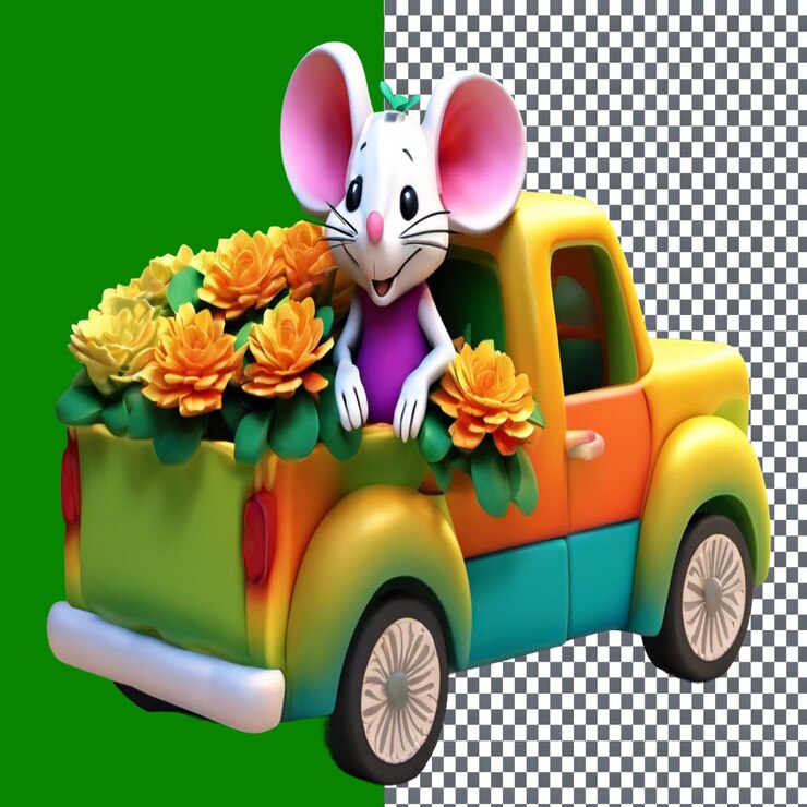 PSD curvas de ratón y belleza en flor con un camión lleno de frutas aislados en un fondo transparente