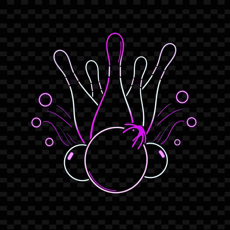 PSD curvy bowler con bola neon alley diseño artístico con color púrpura oscuro y negro mezclado decorado con ingenio