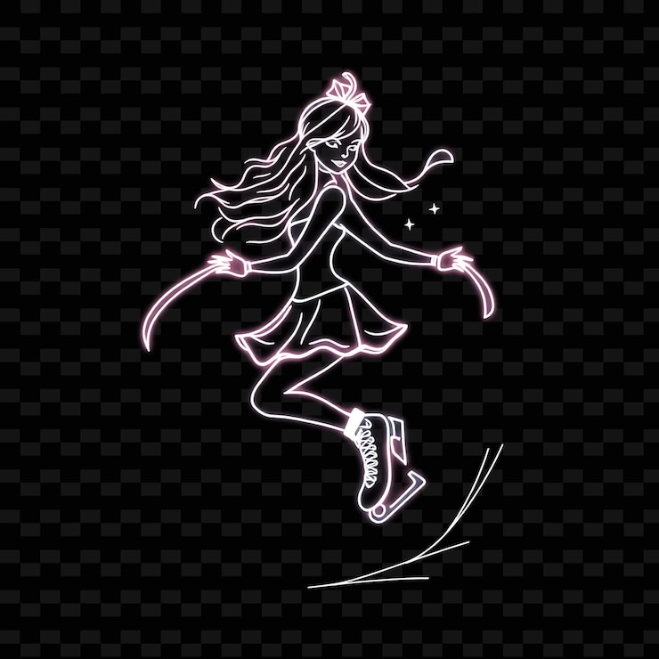 PSD curvy ice skater com patins neon grace design de arte com elegante deco de cores misturadas branco e prateado