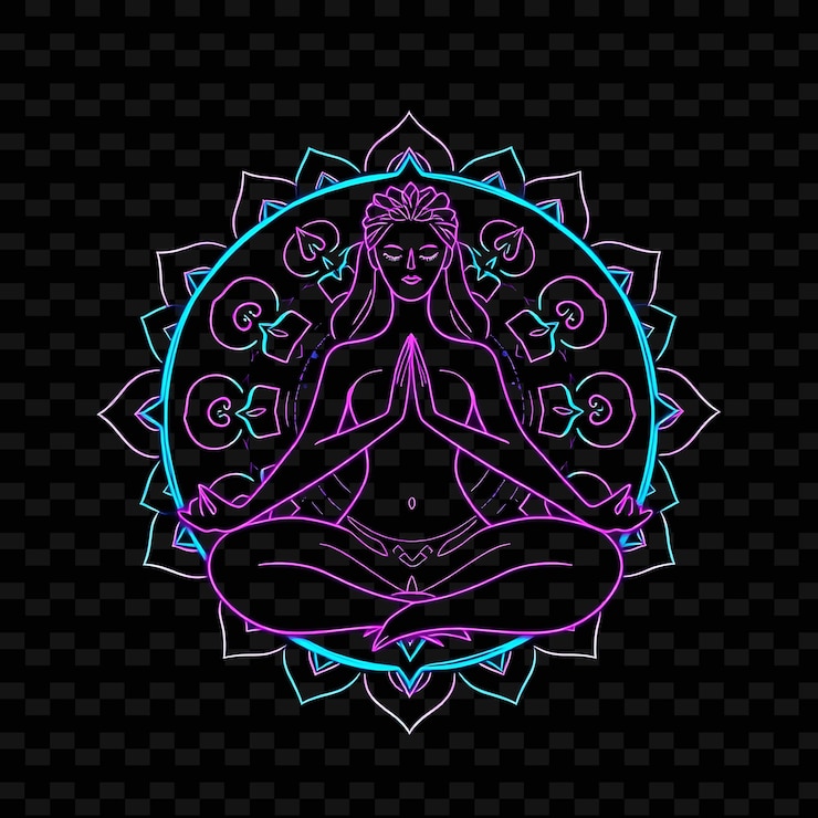PSD curvy yoga practitioner neon mandala diseño artístico con púrpura profundo y teal decorado con colores mixtos wit1