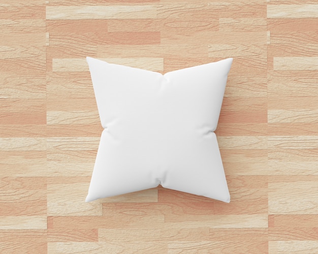 Cuscino bianco e forma quadrata sul fondo di legno del pavimento con il modello in bianco. Mockup di cuscini per il design. Rendering 3D.