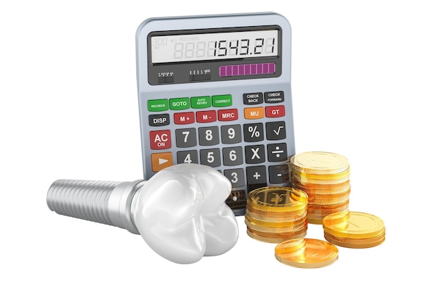 Custo do conceito de implantes dentários Implante dental com calculadora e moedas de ouro Renderização 3D isolada em fundo transparente