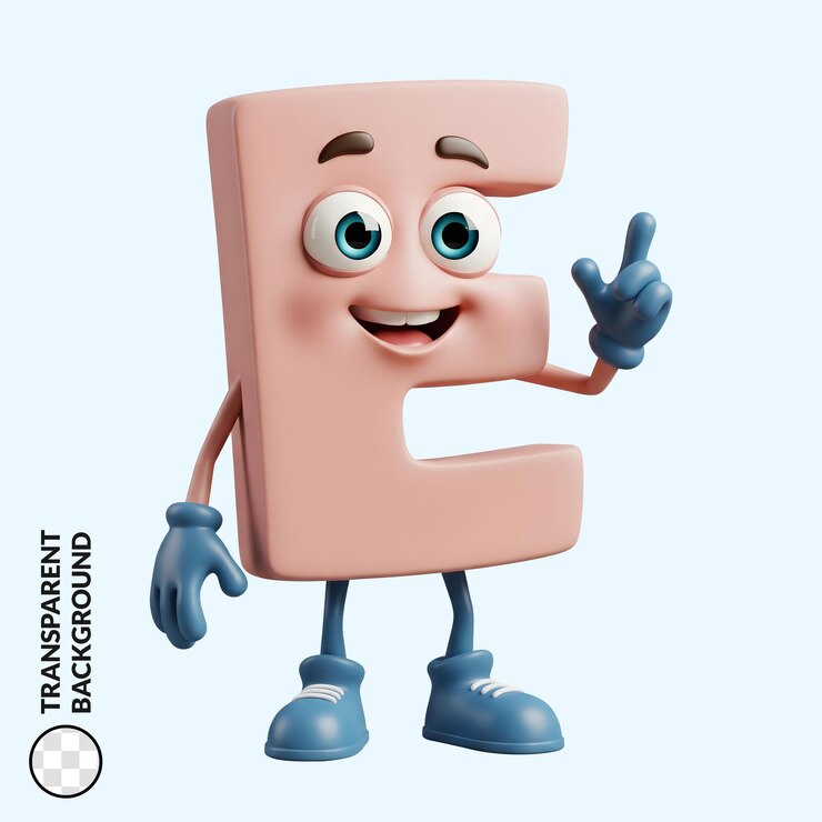 PSD cute 3d cartoon letter e character pointing upward