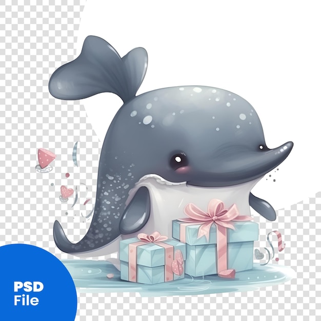 PSD cute baleia de desenho animado com presentes ilustração vetorial em fundo branco modelo psd
