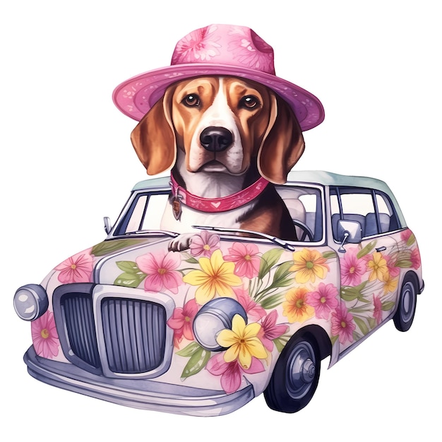 PSD cute beagle de desenho animado no carro e flores aquarela clipart ilustração