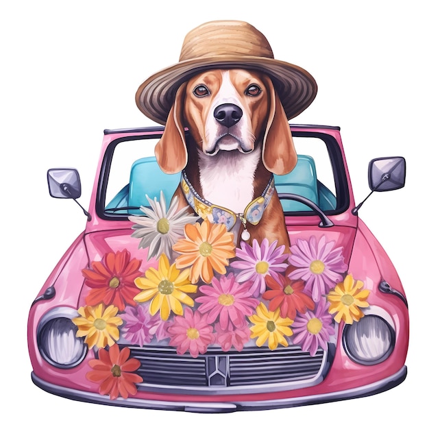 PSD cute beagle de desenho animado no carro e flores aquarela clipart ilustração
