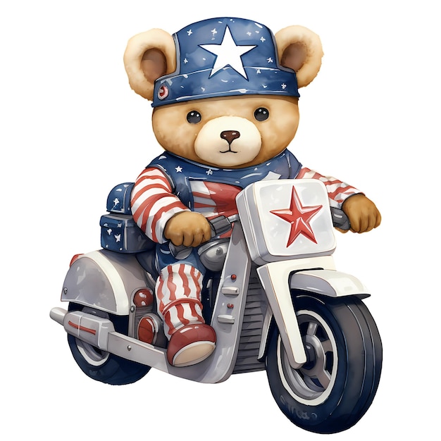 PSD cute bear american flag motorcycle clipart ilustração