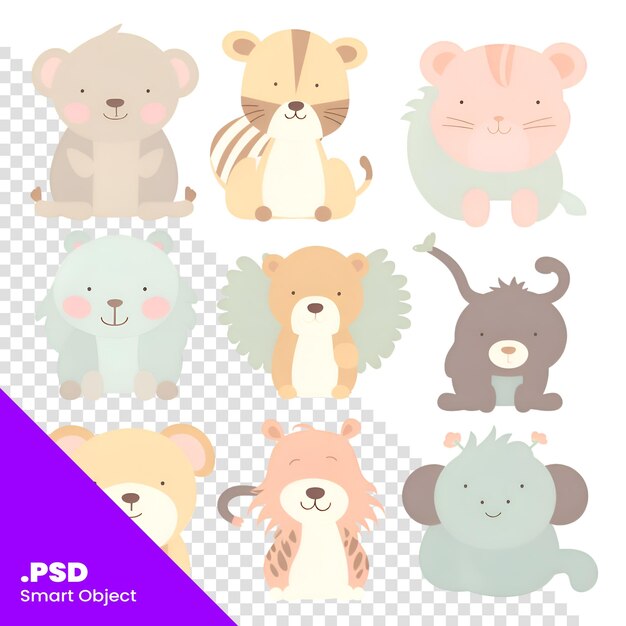 PSD cute bearkoalahedgehoghippobearlioncatdog ilustração vetorial isolada em padrão psd de fundo branco