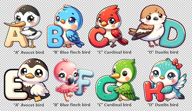 PSD cute birds alphabet series letters a to h clipart nursery clipart kids learning alphabet