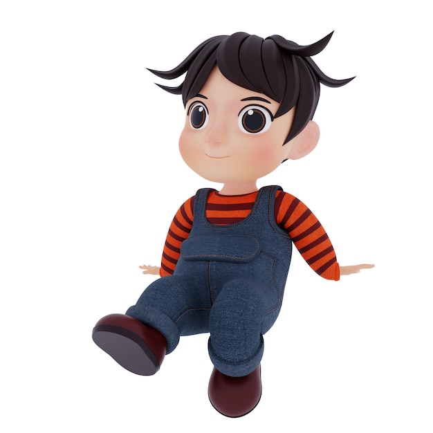 PSD cute boy happy sit illustration de rendu 3d à l'aide d'un jean global et d'un dessin animé en tissu rayé