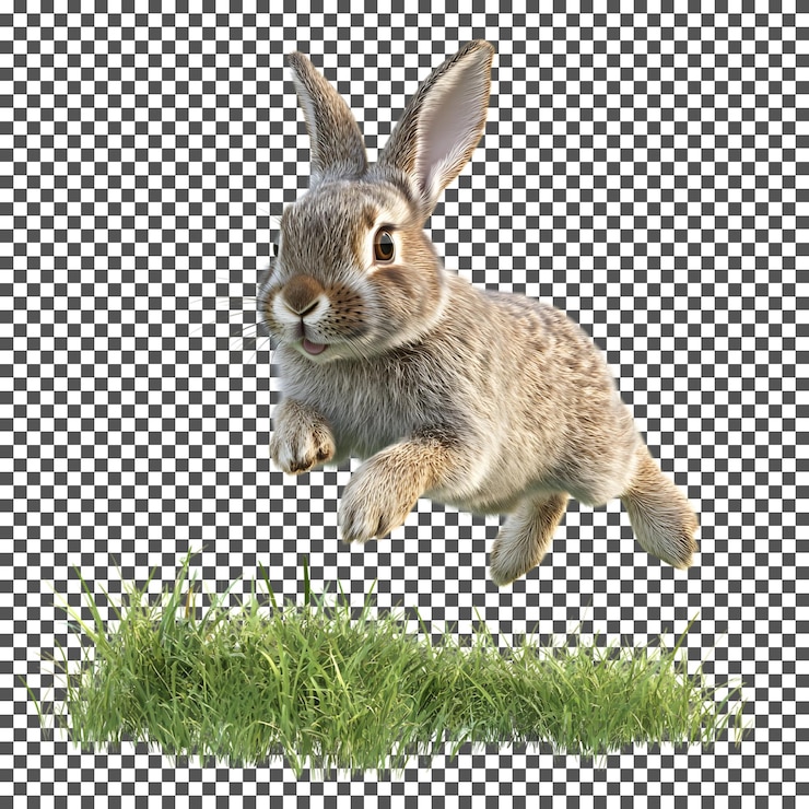 PSD a cute bunny jumping over some grass isolated on transparent background