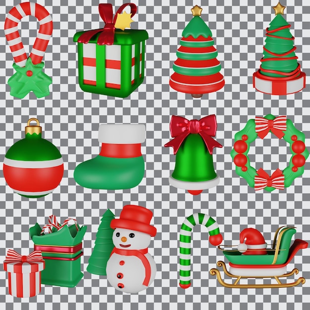 PSD cute cartoon 3d weihnachtsdekoration element set isolieren hintergrund3d-rendering