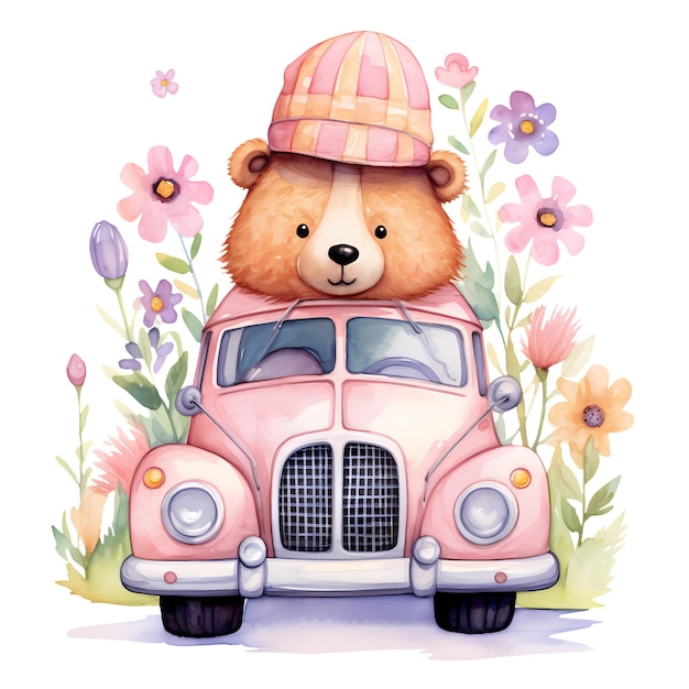 PSD cute cartoon bär im auto und blumen aquarell clipart illustration