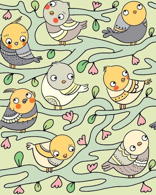 Cute Cartoon Birds Perched on Tree Branches with Pink Flowers