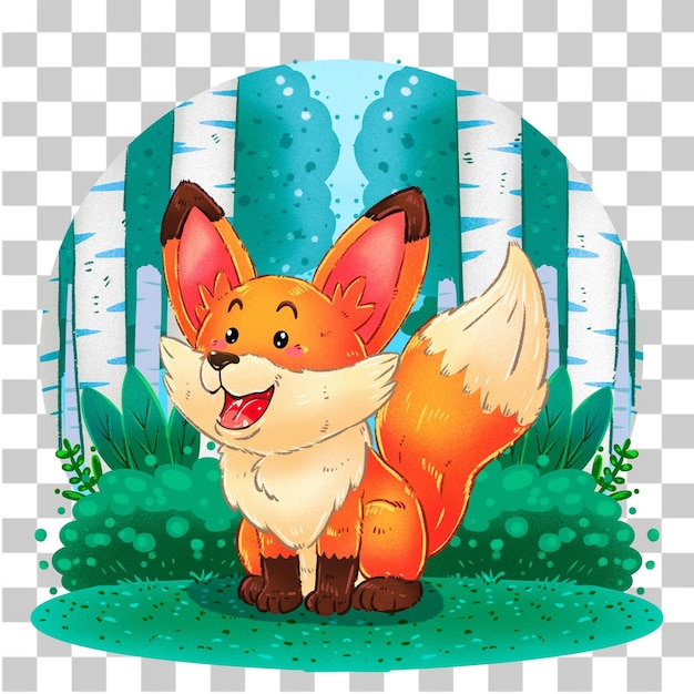 Cute Cartoon Fox Illustration in a Birch Forest