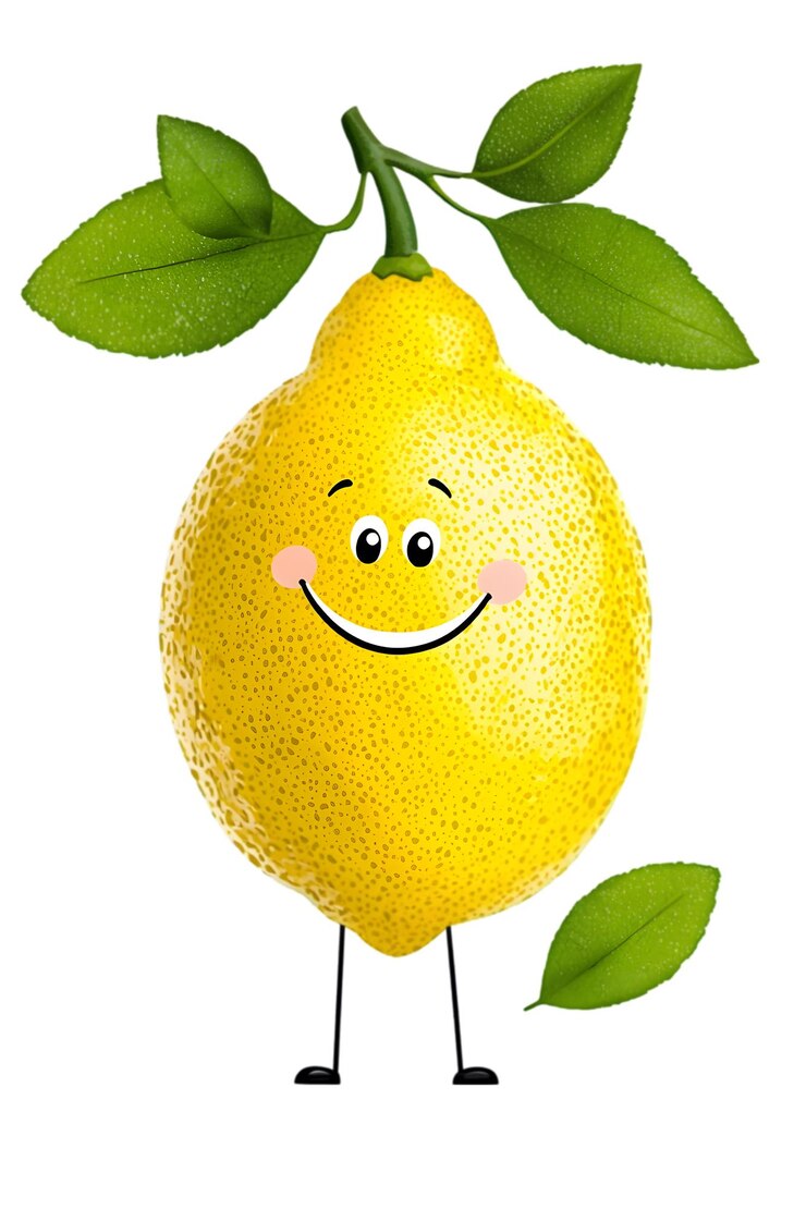 PSD cute cartoon lemon character with smiling face and leaves isolated on white background