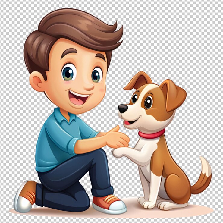 cute cartoon man playing with his dog on transparent background