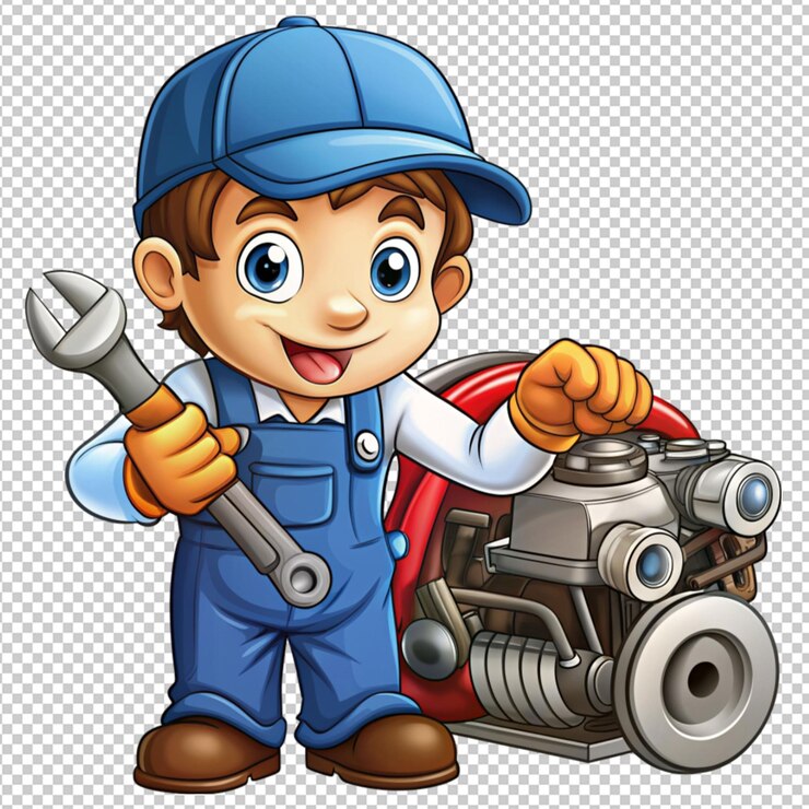 cute cartoon mechanic servicing a car engine on transparent background