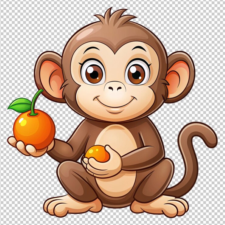 PSD cute cartoon monkey holding orange on transparent background