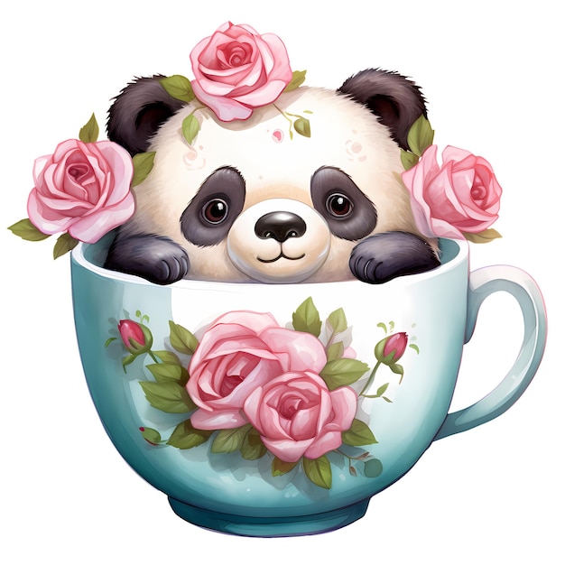 PSD cute cartoon panda coffee cup aquarela clipart ilustração