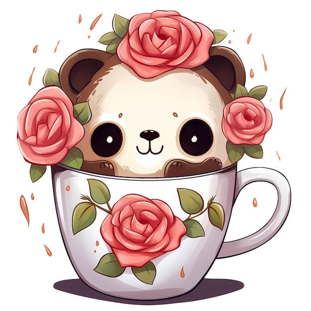 PSD cute cartoon panda coffee cup aquarela clipart ilustração