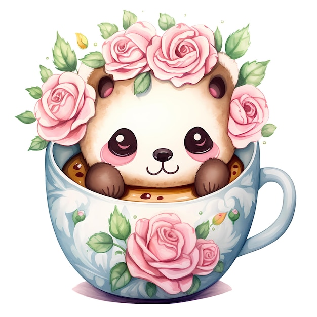 PSD cute cartoon panda coffee cup aquarela clipart ilustração