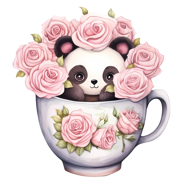 PSD cute cartoon panda coffee cup aquarela clipart ilustração