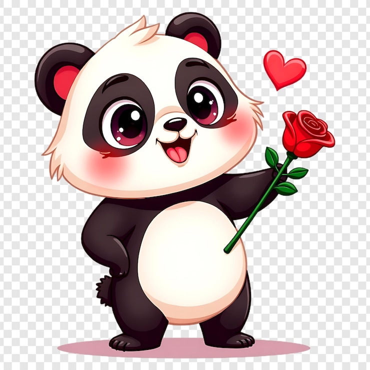 PSD cute cartoon panda holding a red rose isolated on transparent background