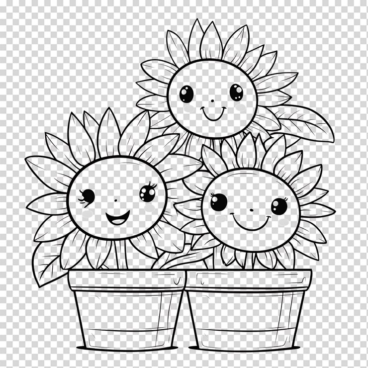 PSD cute cartoon sunflowers in pots