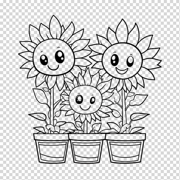 PSD cute cartoon sunflowers in pots