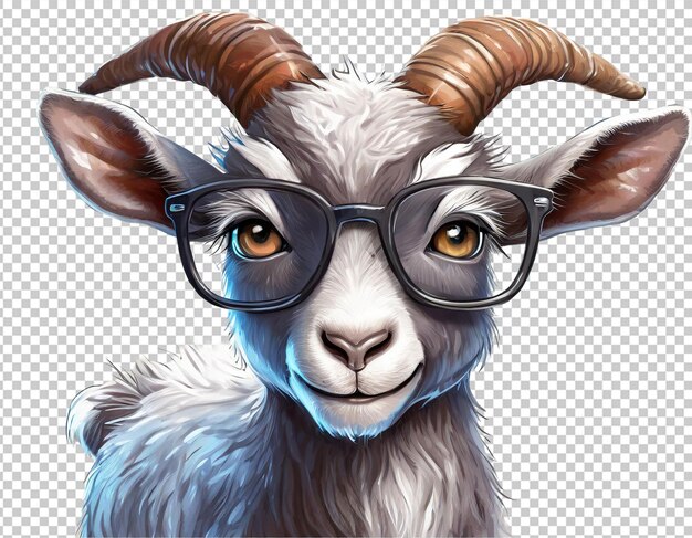 PSD cute chèvre de dessin animé avec des lunettes isolées sur un fond transparent